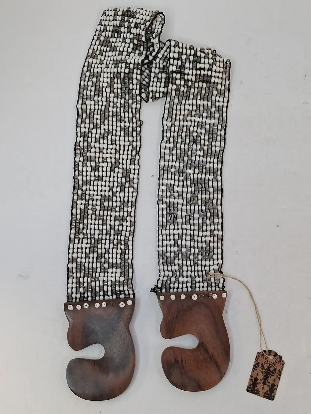 Beaded Elastic Wide Waist Belt Wood Buckle Gray White Y2K One Size